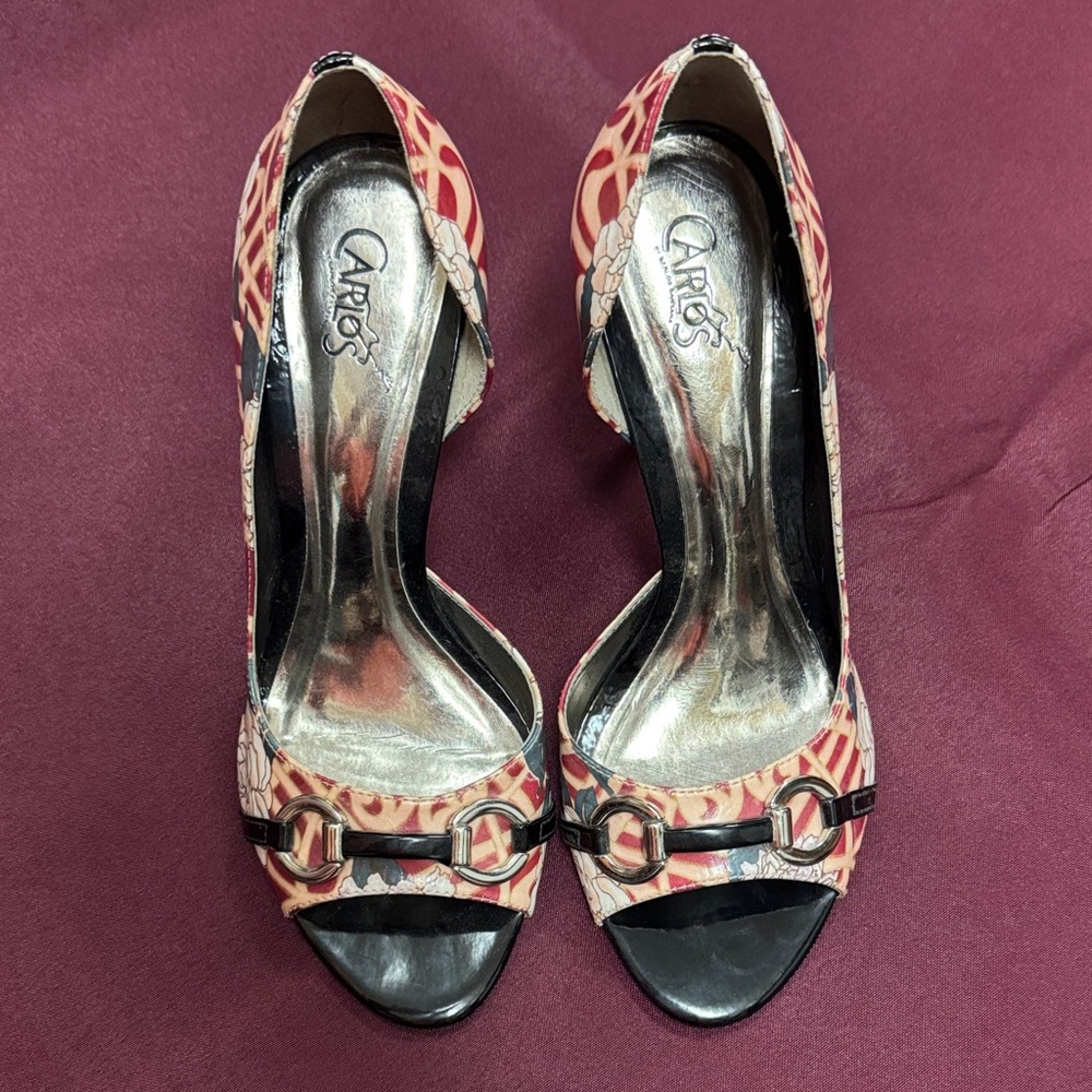 Carlos Santana Open-Toe Heels Red, Pink, Blue with Silver Buckle - Size 8